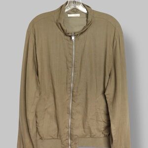 Zara Linen Zip Up Jacket Men’s XL Olive Green Lightweight Bomber